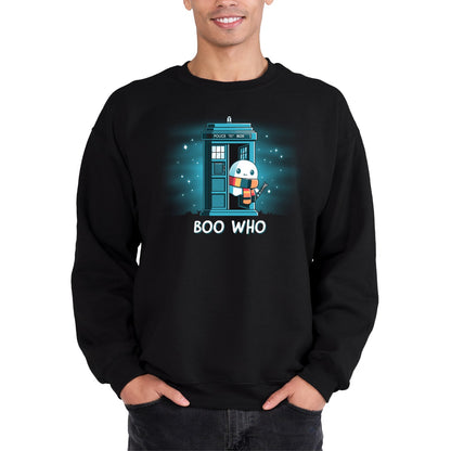 Crew Neck Sweatshirt_TeeTurtle black Boo Who. Featuring a ghost wearing a scarf and holding a tool coming out of a phone booth.