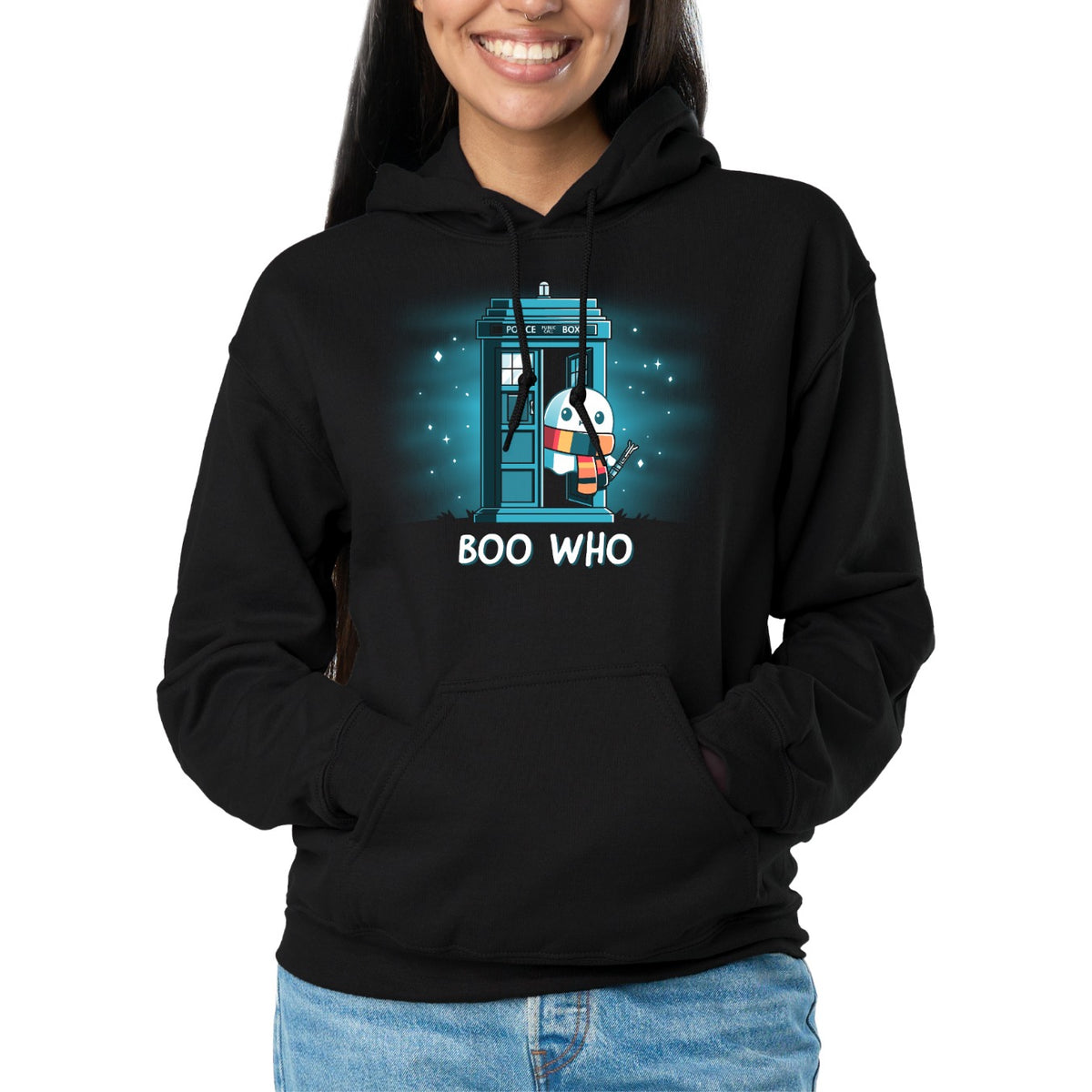 Pullover Hoodie_TeeTurtle black Boo Who. Featuring a ghost wearing a scarf and holding a tool coming out of a phone booth.