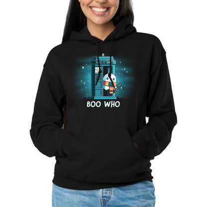 Pullover Hoodie_TeeTurtle black Boo Who. Featuring a ghost wearing a scarf and holding a tool coming out of a phone booth.