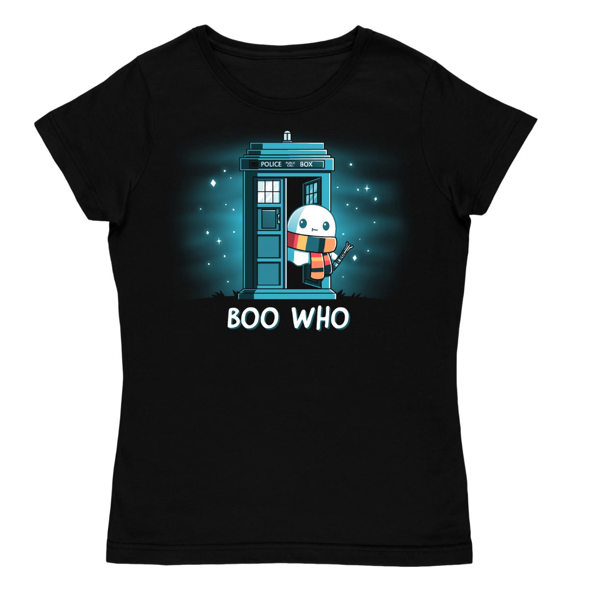 Women's Premium T-shirt_TeeTurtle black Boo Who. Featuring a ghost wearing a scarf and holding a tool coming out of a phone booth.