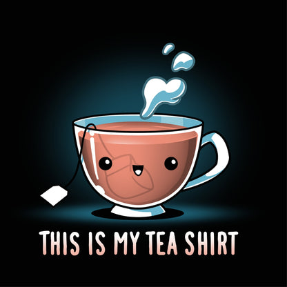 Women's Premium T-shirt_TeeTurtle black My Tea Shirt featuring a smiling teacup with a tea bag inside. Text below reads, "This is My Tea Shirt."