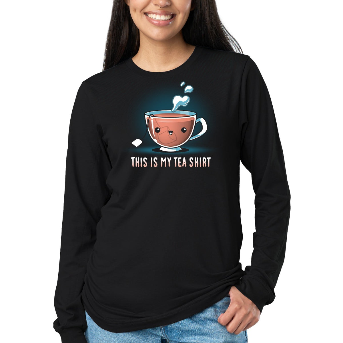 Long Sleeve T-shirt_TeeTurtle black My Tea Shirt featuring a smiling teacup with a tea bag inside. Text below reads, "This is My Tea Shirt."