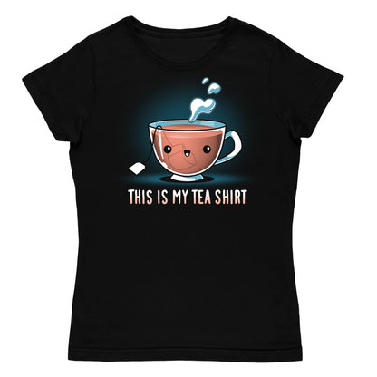 Women's Premium T-shirt_TeeTurtle black My Tea Shirt featuring a smiling teacup with a tea bag inside. Text below reads, "This is My Tea Shirt."