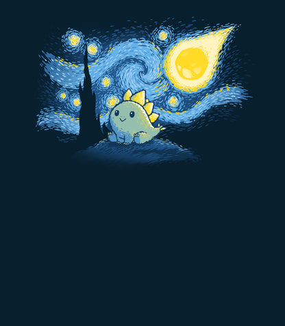 Long Sleeve T-shirt_TeeTurtle Stego Night navy blue t-shirt featuring an illustration of a cute dinosaur with stegosaurus-like plates, set against a "Starry Night"-inspired background.