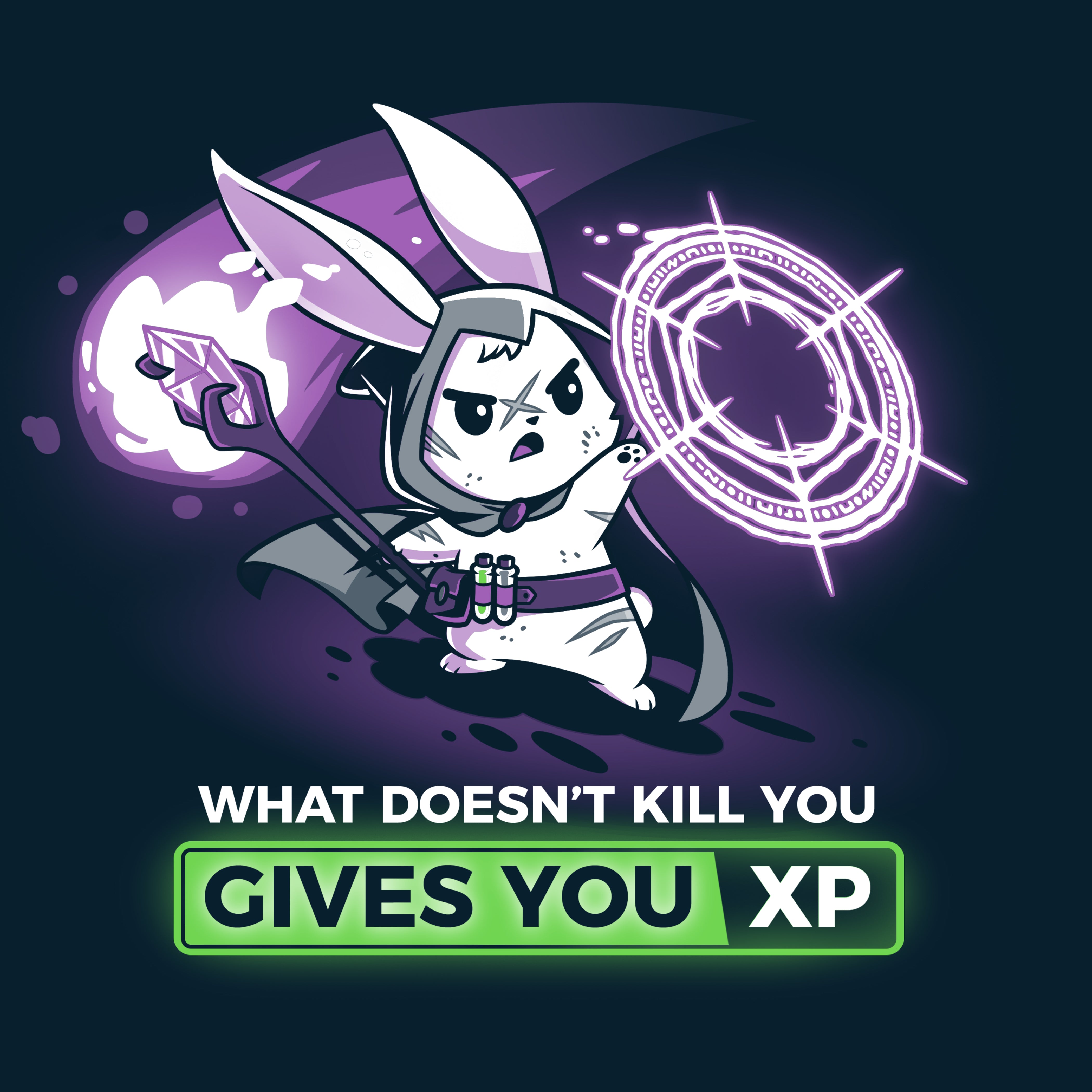 Premium Cotton T-shirt_TeeTurtle What Doesn't Kill You Gives You XP (Bunny) navy blue t-shirt featuring a rabbit in a mage costume casting a spell, holding a staff with a green potion attached. Text below reads 