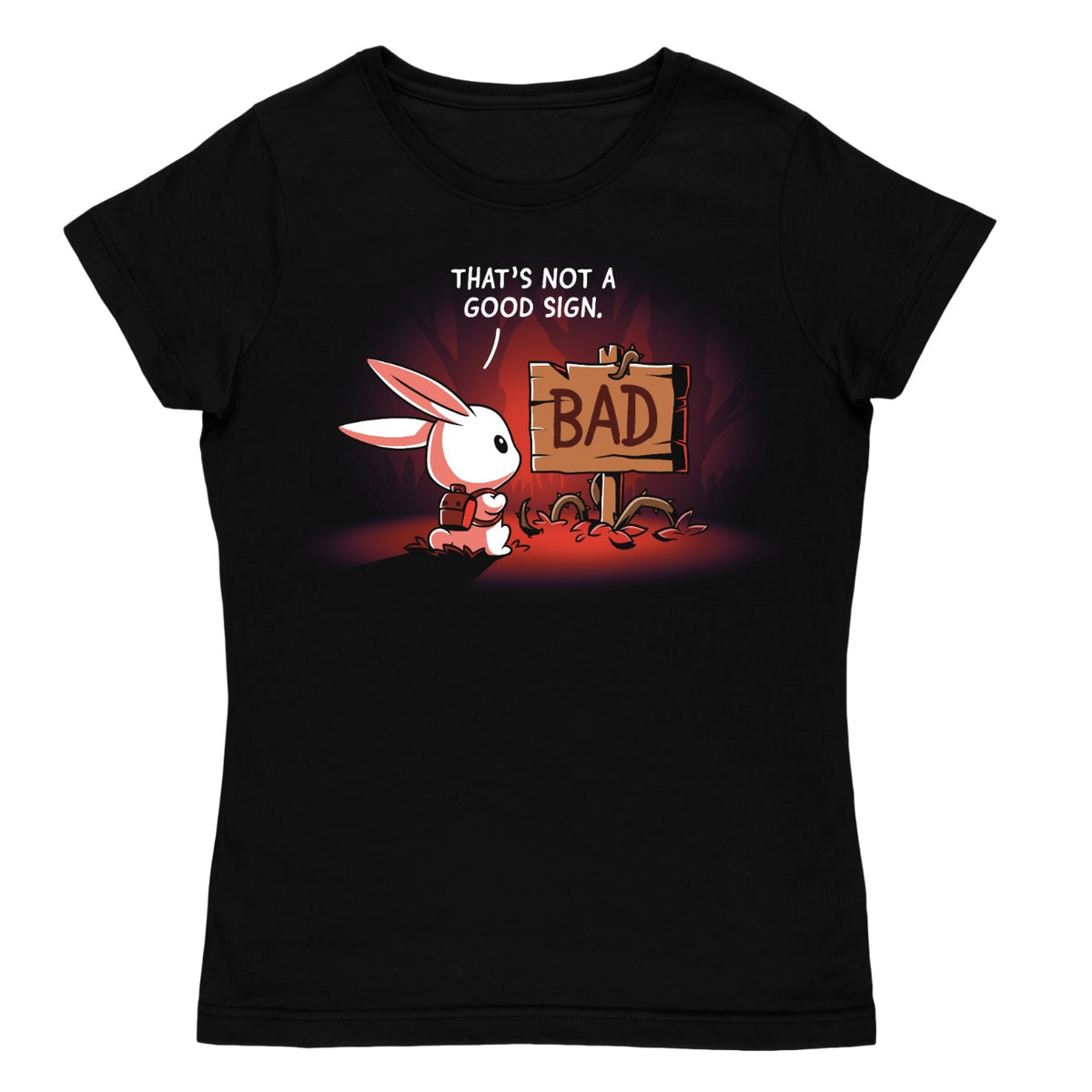 Women's Premium T-Shirt_TeeTurtle black That's Not a Good Sign Women's Premium T-Shirt featuring a white rabbit with a red backpack staring at a broken wooden sign labeled "BAD," with the text "That's Not a Good Sign."