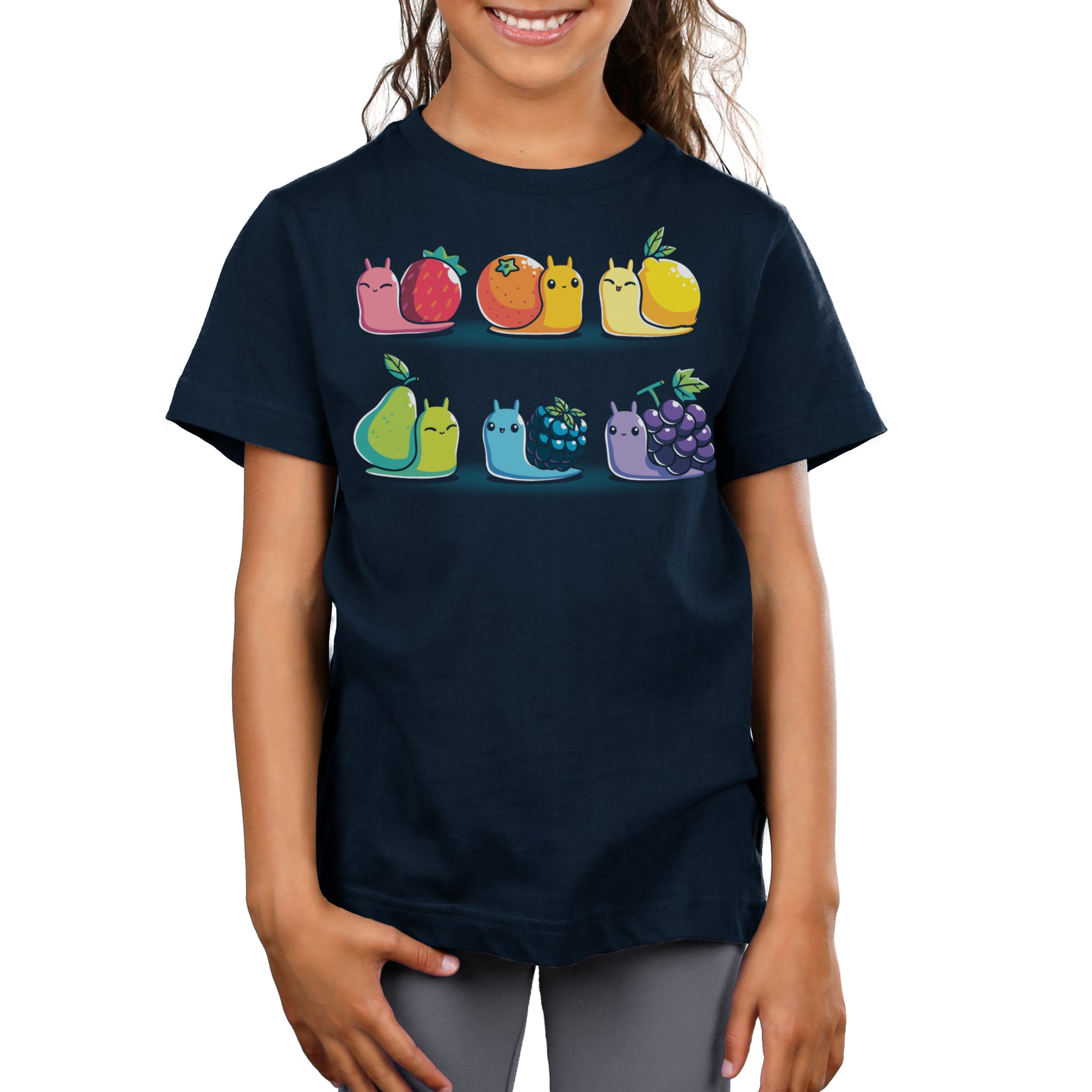 Premium Cotton T-shirt_TeeTurtle Rainbow Fruit Snails navy blue t-shirt featuring six colorful rainbow fruit snails with fruit shells: strawberry, orange, lemon, pear, blackberry, and grape.