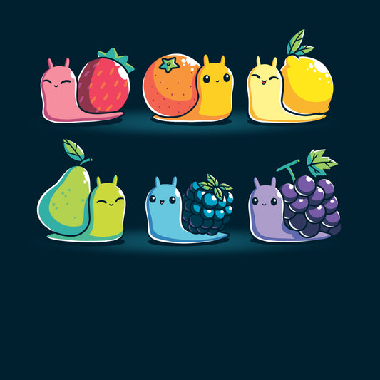 Illustration of six colorful Rainbow Fruit Snails with fruit shells: strawberry, orange, lemon, pear, blackberry, and grape. Each cheerful snail has a leaf attached to its shell. This delightful design is featured on a super soft ringspun cotton navy blue t-shirt from monsterdigital.