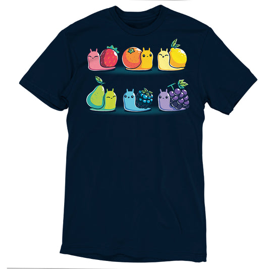 A navy blue T-shirt featuring Rainbow Fruit Snails from monsterdigital, vibrant cartoon characters resembling strawberry, orange, lemon, pear, blueberry, and grape. Made from super soft ringspun cotton for ultimate comfort.