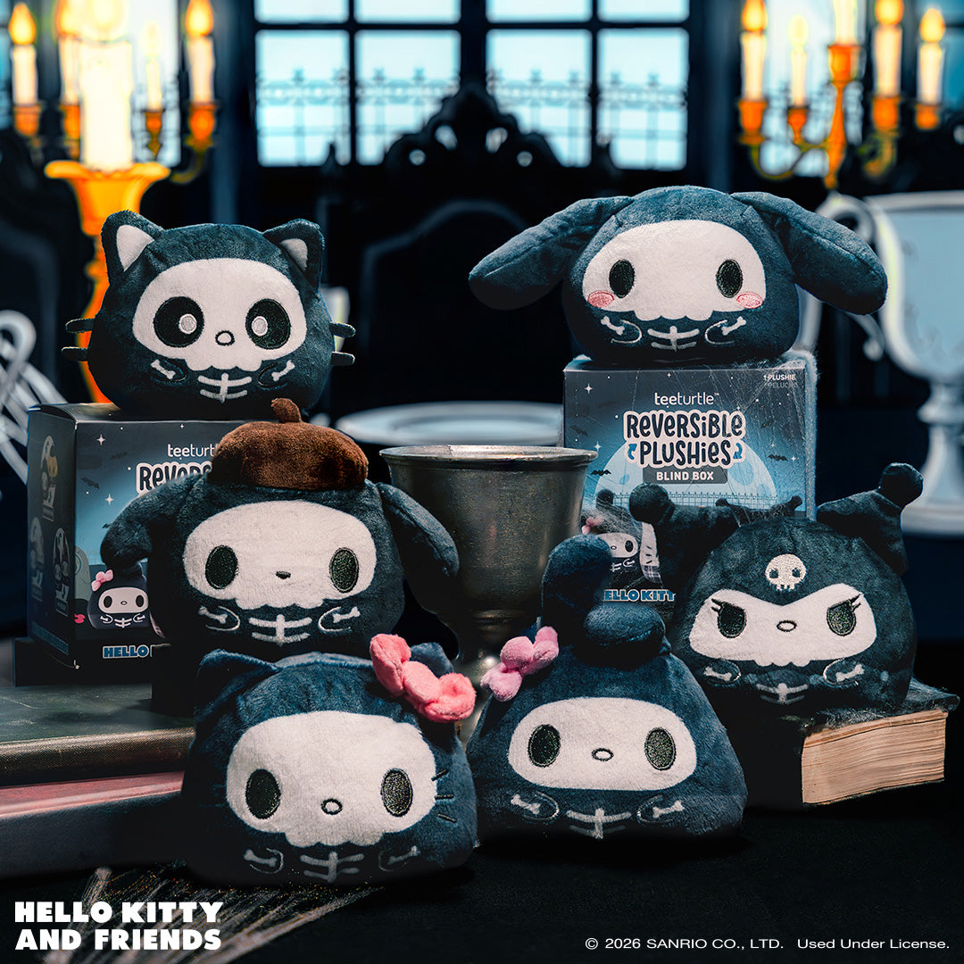 A display of TeeTurtle Reversible Plushie blind boxes featuring Sanrio characters in spooky skeleton form, shown with the blind box packaging in front of a spooky background with gothic windows and candelabras