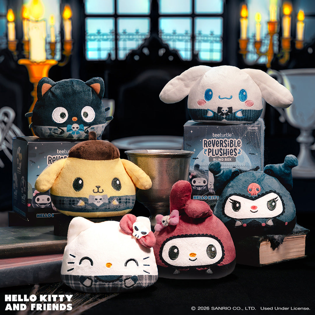 A display of TeeTurtle Reversible Plushie blind boxes the same Sanrio characters now flipped to their Halloween plaid outfits, shown with the blind box packaging in front of a spooky background with gothic windows and candelabras