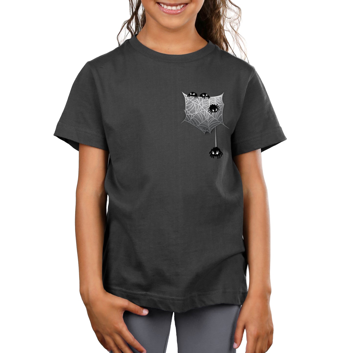 Premium Cotton T-shirt_TeeTurtle Webbed Pocket charcoal gray t-shirt featuring four little spiders crawling on a spider web on the right side chest