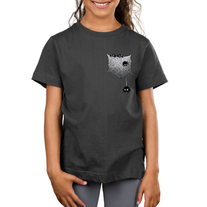 Premium Cotton T-shirt_TeeTurtle Webbed Pocket charcoal gray t-shirt featuring four little spiders crawling on a spider web on the right side chest