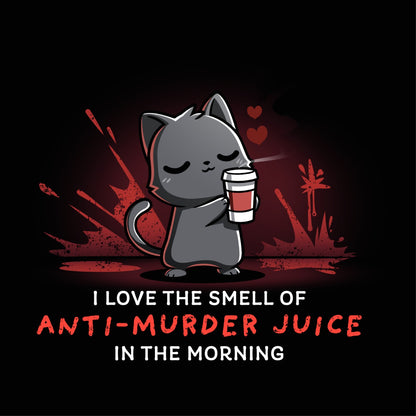 Women's Premium T-shirt_TeeTurtleAnti-Murder Juice black t-shirt featuring a cat holding a coffee lovingly with red splatters behind.
