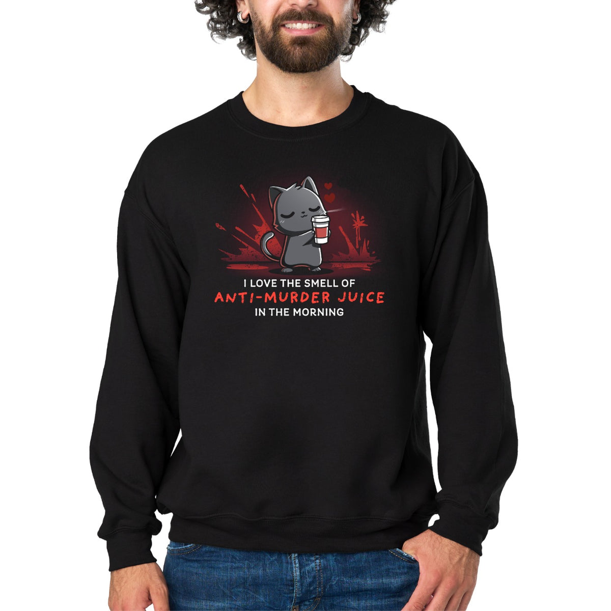 Crew Neck Sweatshirt_TeeTurtle Anti-Murder Juice black design featuring a cat holding a coffee lovingly with red splatters behind.