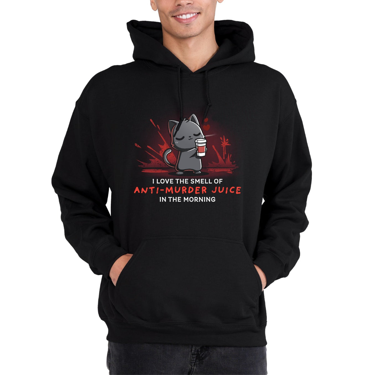 Pullover Hoodie_TeeTurtle Anti-Murder Juice black design featuring a cat holding a coffee lovingly with red splatters behind.