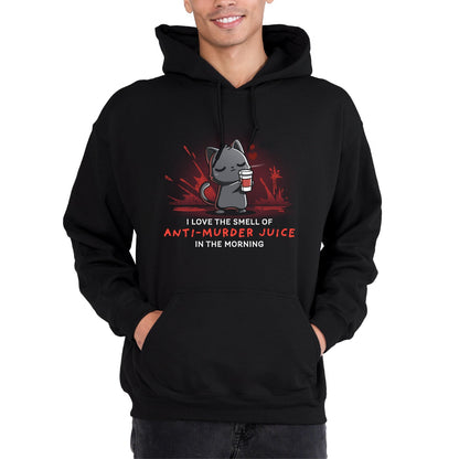Pullover Hoodie_TeeTurtle Anti-Murder Juice black design featuring a cat holding a coffee lovingly with red splatters behind.