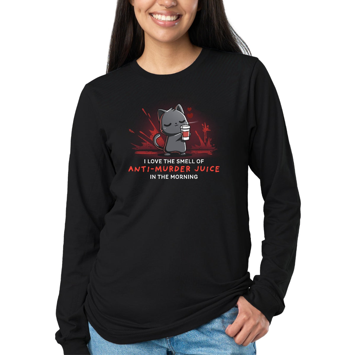 Long Sleeve T-shirt_TeeTurtle Anti-Murder Juice black t-shirt featuring a cat holding a coffee lovingly with red splatters behind.
