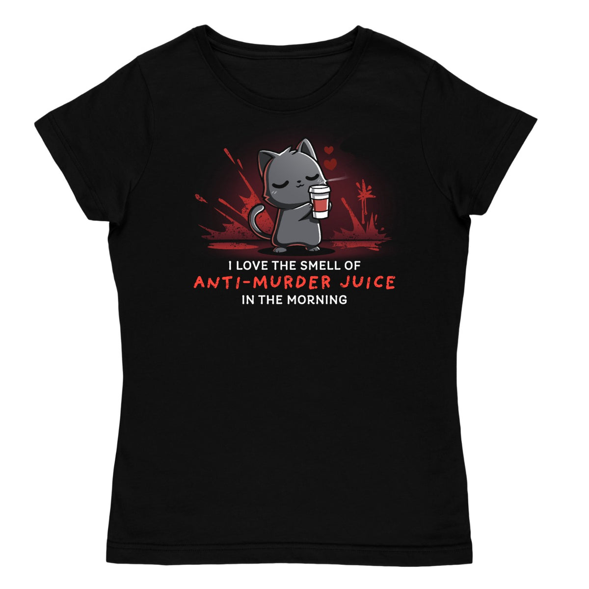 Women's Premium T-shirt_TeeTurtleAnti-Murder Juice black t-shirt featuring a cat holding a coffee lovingly with red splatters behind.