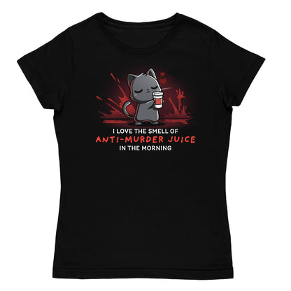 Women's Premium T-shirt_TeeTurtleAnti-Murder Juice black t-shirt featuring a cat holding a coffee lovingly with red splatters behind.
