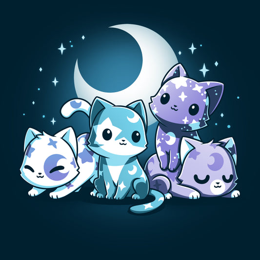 Illustration of four cute, colorful cats with star and moon patterns sitting and lying down in front of a crescent moon and stars on a dark background, perfect for the Moon & Star Meows navy blue T-shirt made from super soft ringspun cotton by monsterdigital.
