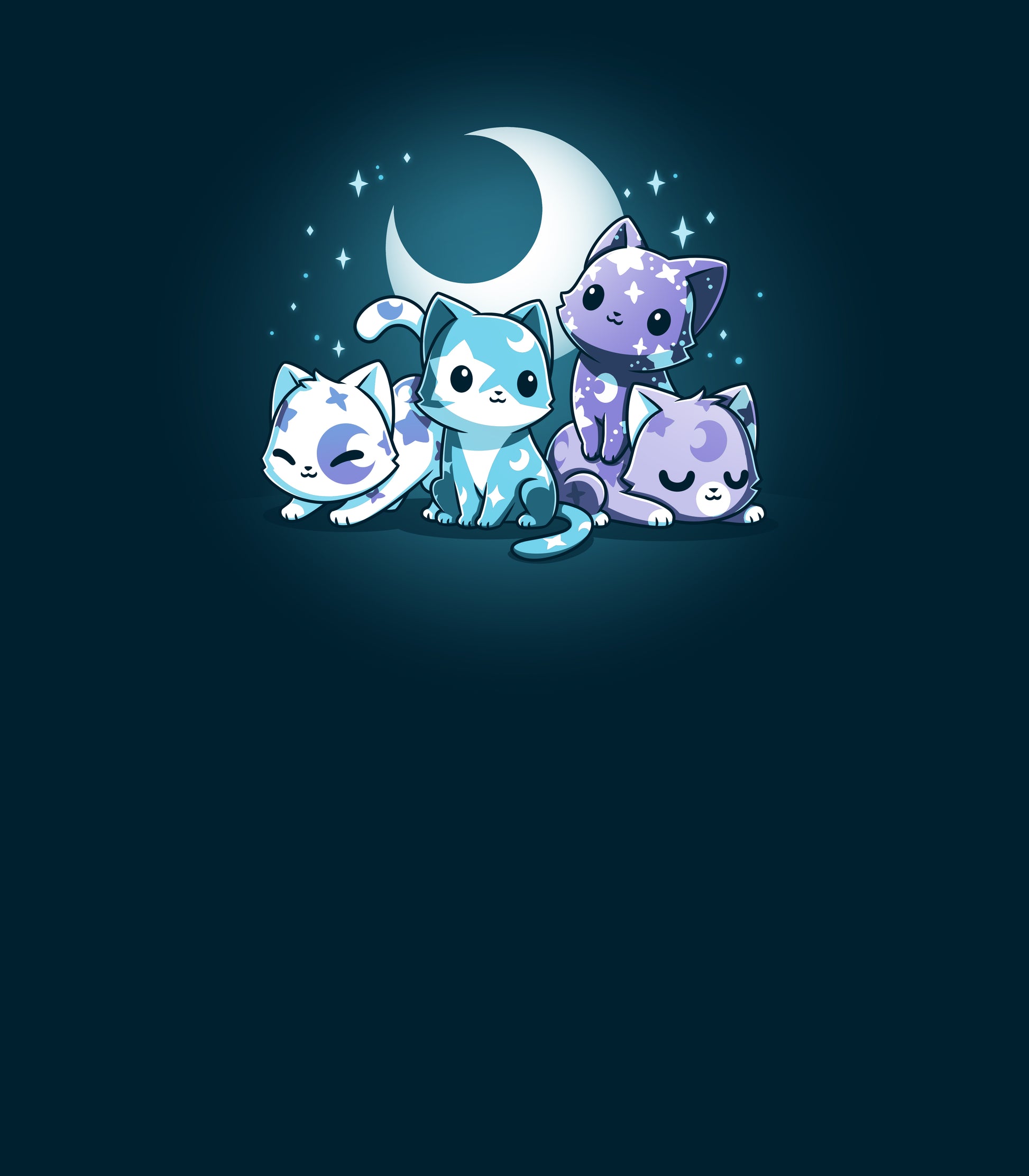 Long Sleeve T-shirt_TeeTurtle navy blue Moon & Star Meows. Featuring blue and purple kittens with moon and star patterns on their fur.