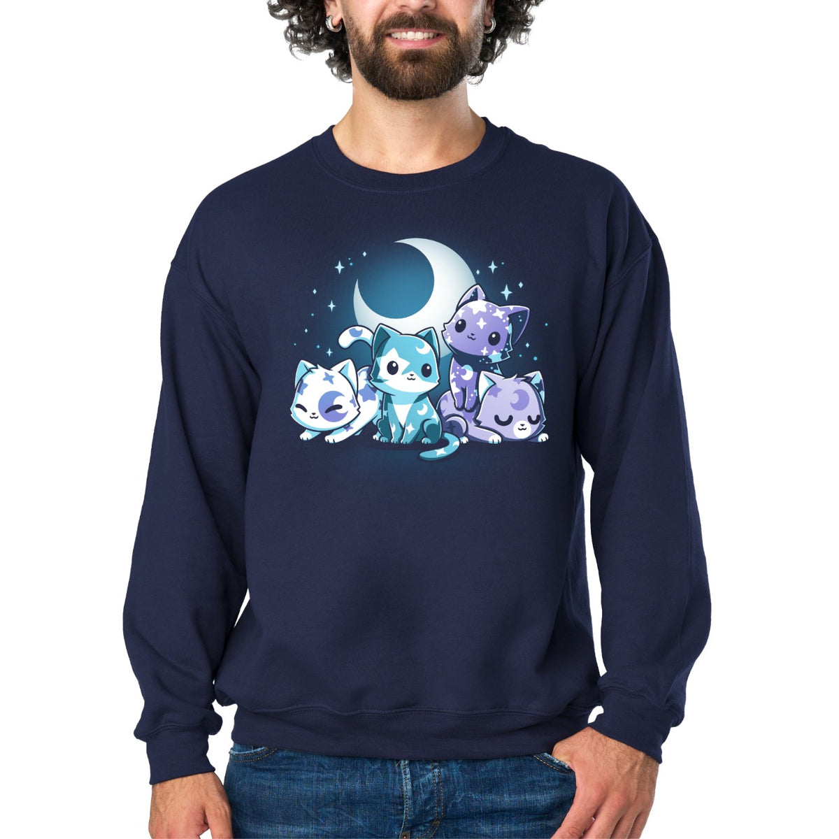 Crew Neck Sweatshirt_TeeTurtle navy blue Moon & Star Meows. Featuring blue and purple kittens with moon and star patterns on their fur.