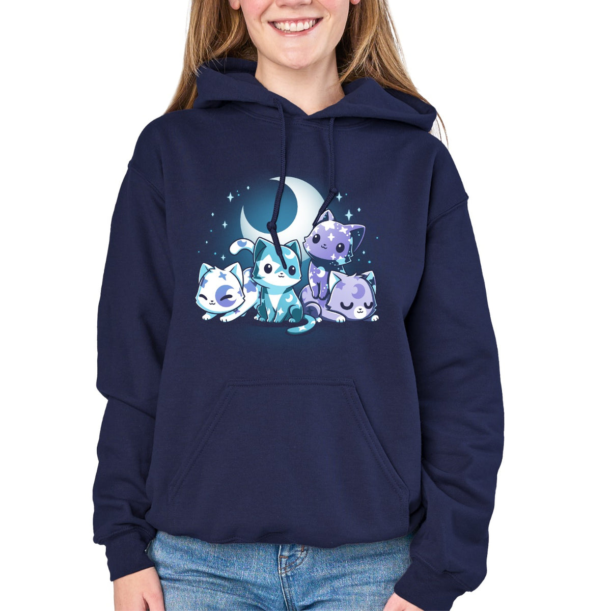 Pullover Hoodie_TeeTurtle navy blue Moon & Star Meows. Featuring blue and purple kittens with moon and star patterns on their fur.