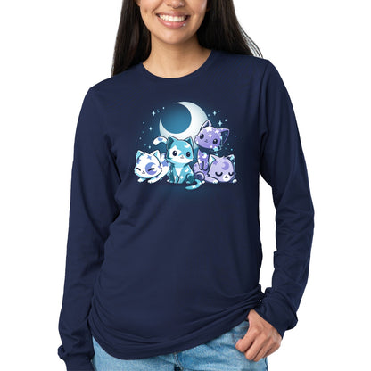 Long Sleeve T-shirt_TeeTurtle navy blue Moon & Star Meows. Featuring blue and purple kittens with moon and star patterns on their fur.