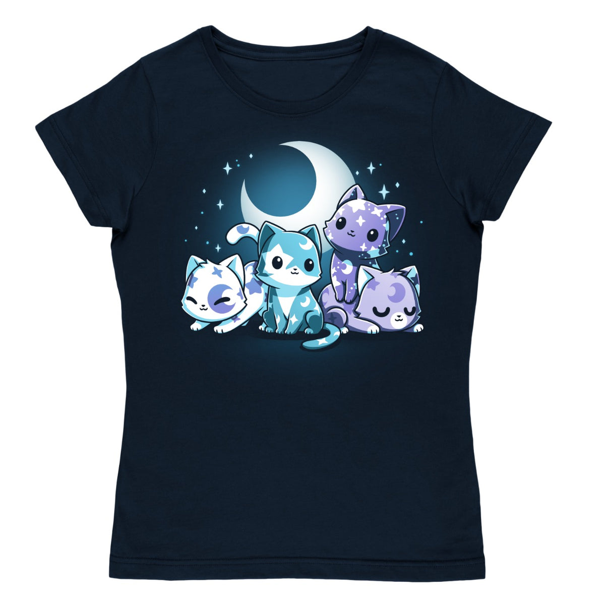 Women's Premium T-Shirt_TeeTurtle navy Moon & Star Meows Women's Premium T-Shirt featuring four cute blue and purple cats gathered beneath a glowing crescent moon and surrounded by sparkling stars.