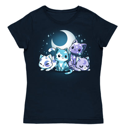 Women's Premium T-Shirt_TeeTurtle navy Moon & Star Meows Women's Premium T-Shirt featuring four cute blue and purple cats gathered beneath a glowing crescent moon and surrounded by sparkling stars.