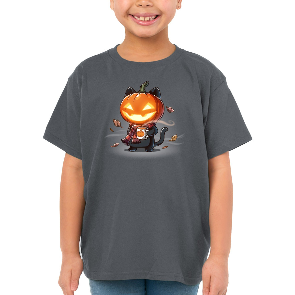 Kids' Classic T-Shirt_TeeTurtle charcoal Ready for Fall Kids' Classic T-Shirt featuring a cute black cat with a glowing jack-o'-lantern head wearing a striped scarf and holding a warm mug while autumn leaves swirl around it.