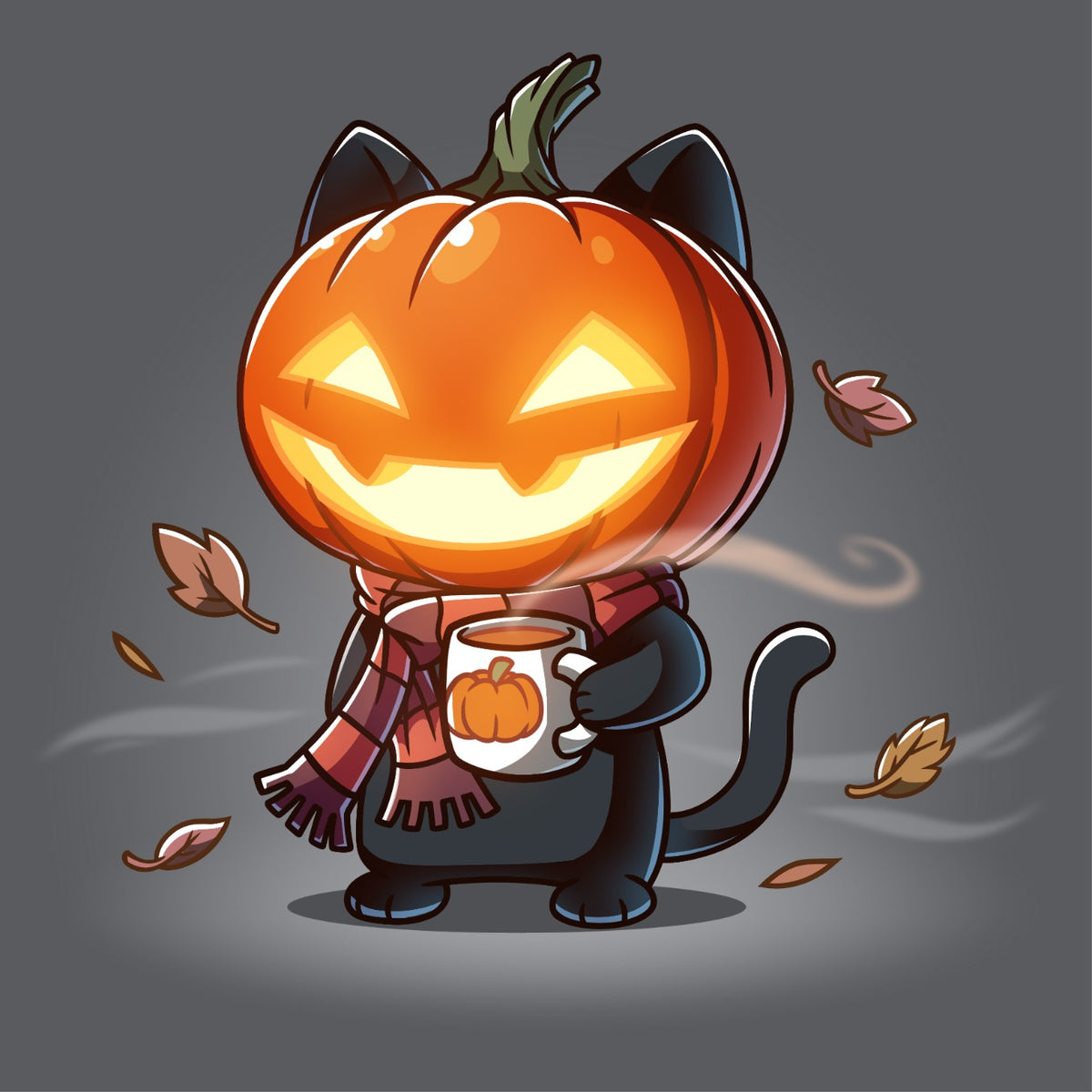 Women's Premium T-Shirt_TeeTurtle charcoal Ready for Fall Women's Premium T-Shirt featuring a cute black cat with a glowing jack-o'-lantern head wearing a striped scarf and holding a warm mug while autumn leaves swirl around it.