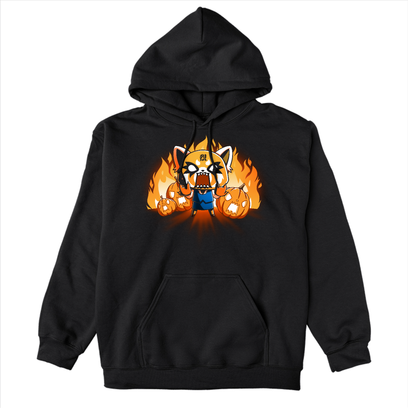 Pullover Hoodie_TeeTurtle black Aggretsuko's Happy Halloween apparel featuring an enraged Aggretsuko with her paws in a Rumic sign pose with angry jack-o-lanterns and flames in the background.