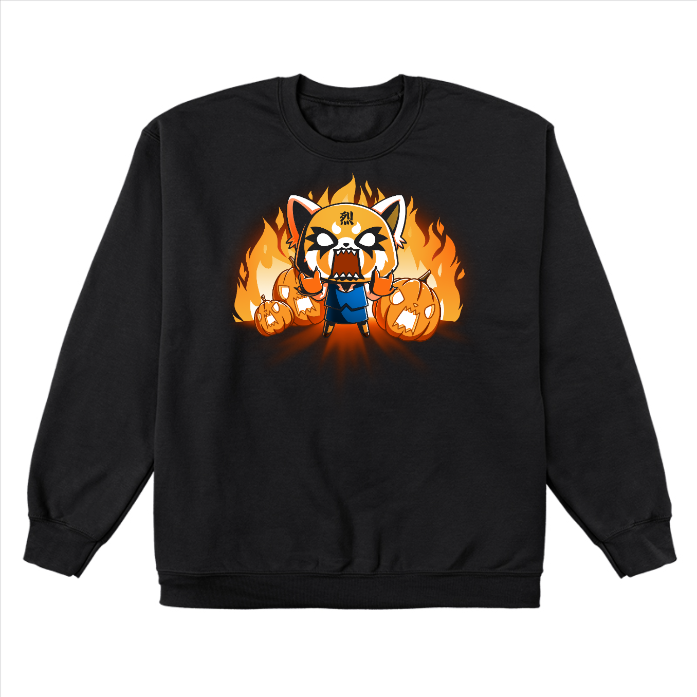 Crew Neck Sweatshirt_TeeTurtle black Aggretsuko's Happy Halloween apparel featuring an enraged Aggretsuko with her paws in a Rumic sign pose with angry jack-o-lanterns and flames in the background.