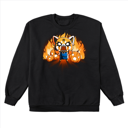Crew Neck Sweatshirt_TeeTurtle black Aggretsuko's Happy Halloween apparel featuring an enraged Aggretsuko with her paws in a Rumic sign pose with angry jack-o-lanterns and flames in the background.