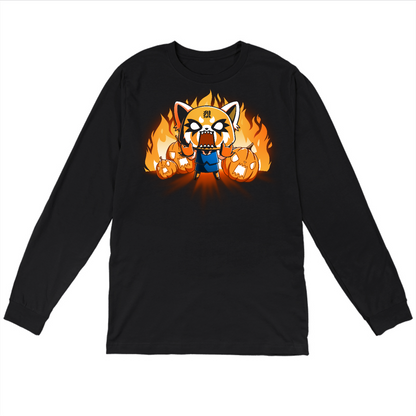 Long Sleeve T-shirt_TeeTurtle black Aggretsuko's Happy Halloween apparel featuring an enraged Aggretsuko with her paws in a Rumic sign pose with angry jack-o-lanterns and flames in the background.
