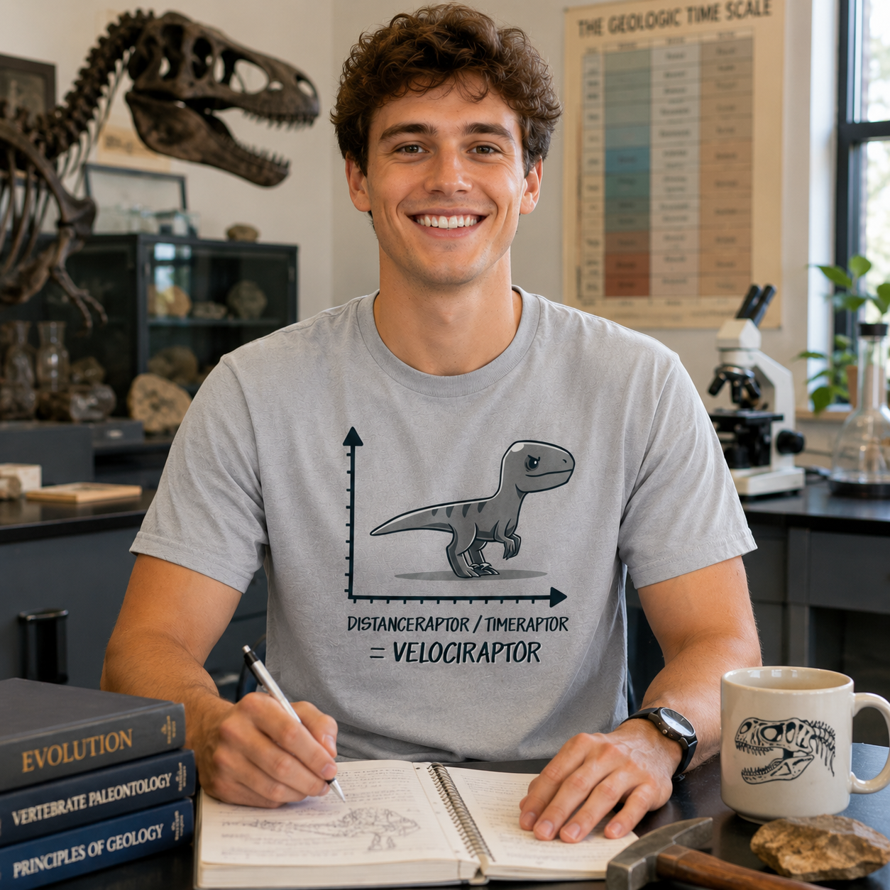 Premium Cotton T-shirt_Teeturtle Velociraptor silver gray t-shirt featuring a velociraptor positioned above a graph with the y-axis labeled 'Distanceraptor' and the x-axis labeled 'Timeraptor,' suggesting the equation 'Distanceraptor / Timeraptor = Velociraptor.'