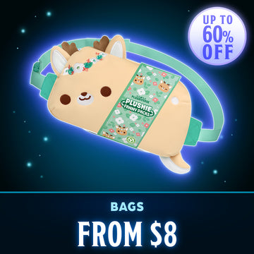 A plush deer-shaped crossbody bag with a mint green strap, shown floating on a dark starry background with promotional text reading 'UP TO 60% OFF' and 'BAGS FROM $8'.