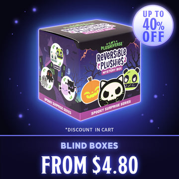 A promotional graphic for a Plushiverse Reversible Plushies Mystery Box from the Spooky Surprise Series, shown as a 3D box mockup with cute cartoon character illustrations. The image includes a blue circular badge reading 'UP TO 40% OFF' and text at the bottom stating 'BLIND BOXES FROM $4.