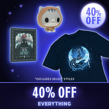 Promotional graphic showing a merchandise bundle. Large text reads 40% OFF and says it excludes select styles.