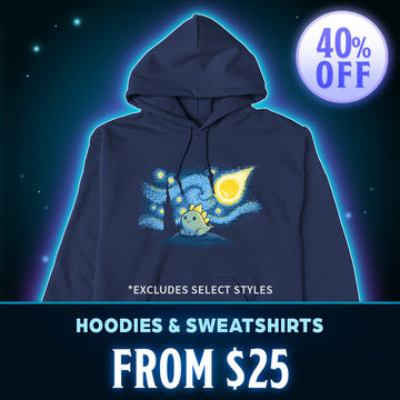 A navy blue hoodie with a colorful graphic print, shown on a dark blue background with a glowing outline. A purple circle in the top right says '40% OFF', and a dark banner at the bottom reads 'HOODIES & SWEATSHIRTS FROM $25'.