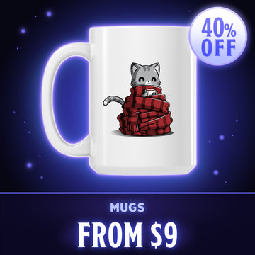 A white ceramic mug featuring a cartoon illustration of a gray cat wrapped in a red plaid scarf, set against a dark blue starry background with promotional text '40% OFF' and 'MUGS FROM $9'.