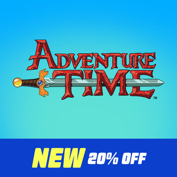 Adventure Time promotional graphic with the show's red title logo over a blue gradient background and a blue banner at the bottom reading NEW 20% OFF in yellow and white.