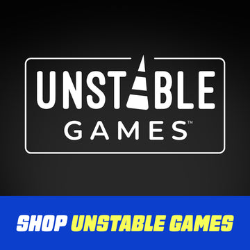 Unstable Games logo in white on a black background, with a blue banner at the bottom reading 'SHOP UNSTABLE GAMES' in white and yellow text.