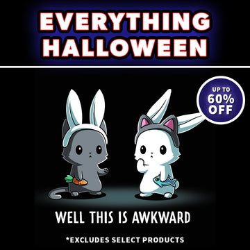 Promotional graphic for a Halloween-themed product listing with the text 'EVERYTHING HALLOWEEN' at the top, two cartoon rabbits in bunny costumes in the center, and 'WELL THIS IS AWKWARD' plus '*EXCLUDES SELECT PRODUCTS' on a black background. A circular badge says 'UP TO 60% OFF'.