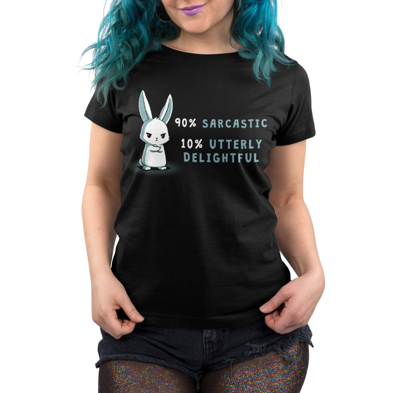 A woman wearing a TeeTurtle 90% Sarcastic black t-shirt with a bunny on it.