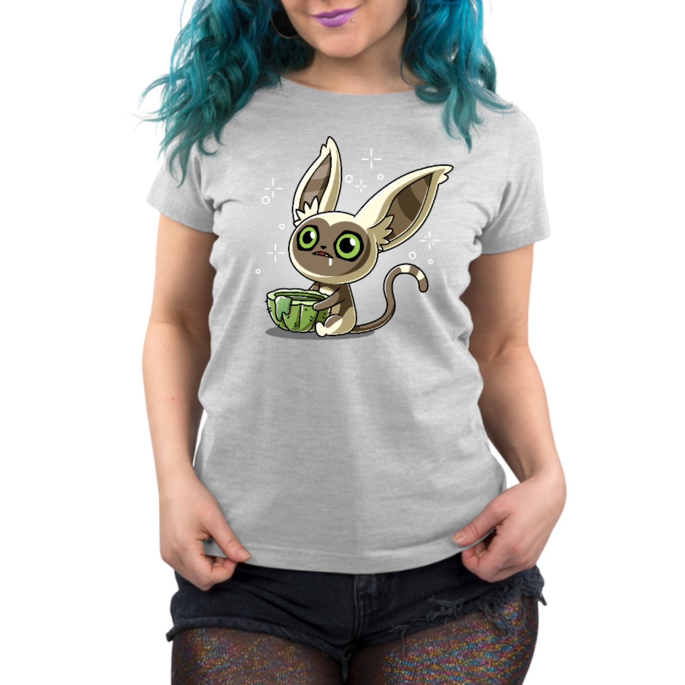 Premium Cotton T-shirt_TeeTurtle silver gray Momo's Cactus Juice Premium Cotton T-shirt featuring Momo from Avatar: The Last Airbender, holding a cactus cup with something dripping down the side. He is drooling and looks dazed. 