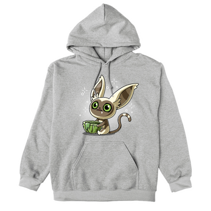 Pullover Hoodie_TeeTurtle heather gray Momo's Cactus Juice Pullover Hoodie featuring Momo from Avatar: The Last Airbender, holding a cactus cup with something dripping down the side. He is drooling and looks dazed. 