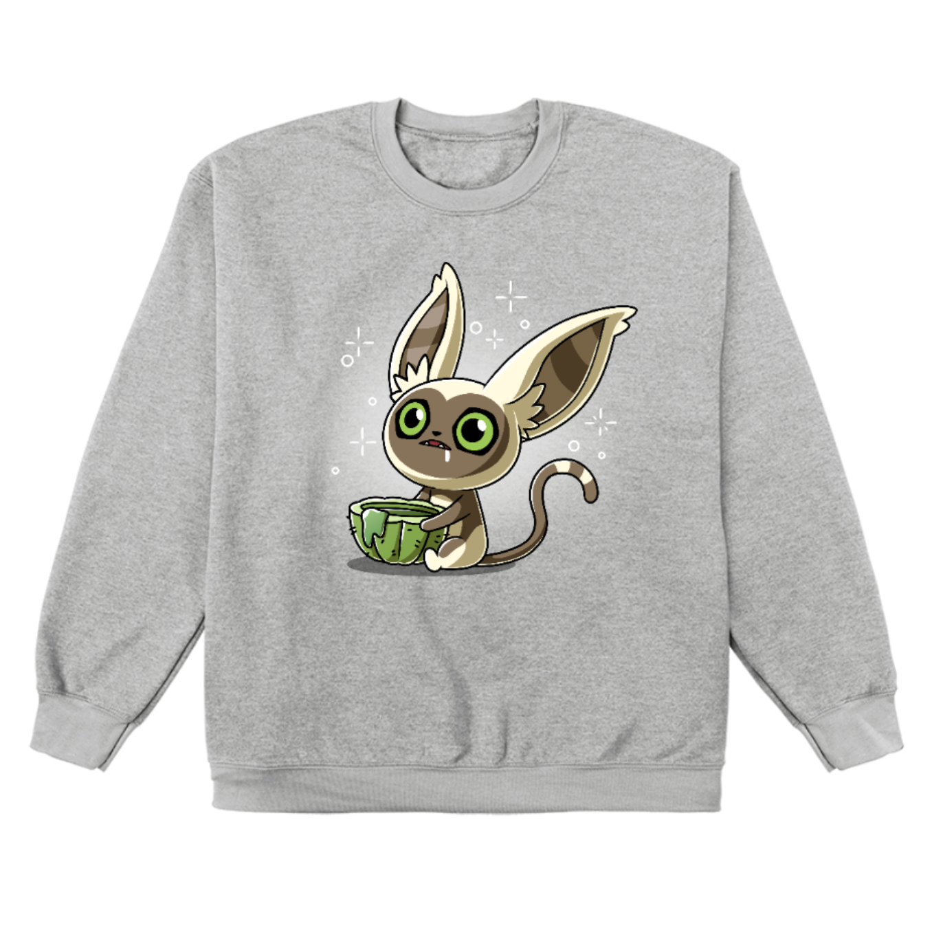 Crew Neck Sweatshirt_TeeTurtle heather gray Momo's Cactus Juice Crew Neck Sweatshirt featuring Momo from Avatar: The Last Airbender, holding a cactus cup with something dripping down the side. He is drooling and looks dazed. 